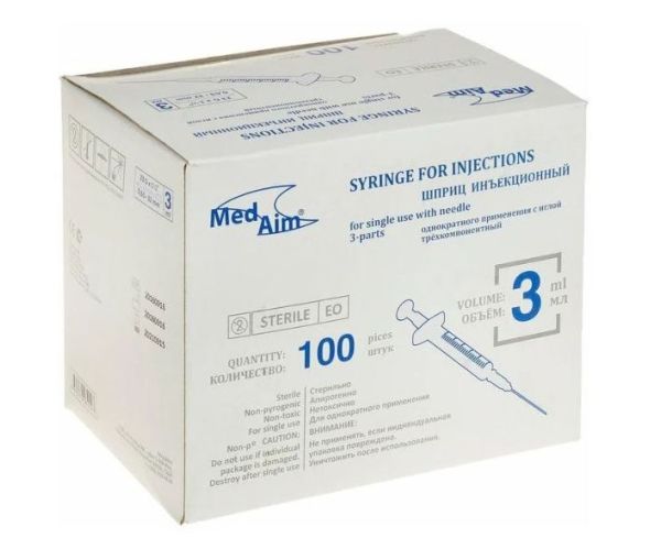 Изображение товара Шприц MedAim 3х компонентный 3мл с иглой 23g 0,63*32мм №100 Шприц MedAim 3х компонентный 3мл с иглой 23g 0,63*32мм №100 фотография